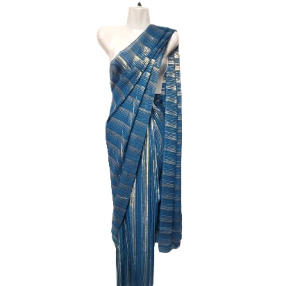 Blue Sequin Sari With Blouse- Ready To Wear Adjustable Elastic Waistband